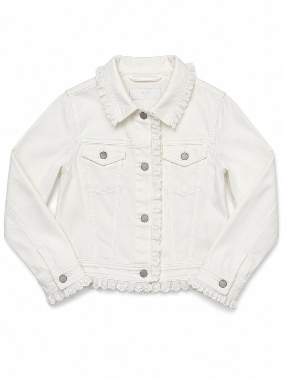 BlankNYC White Denim Eyelet Lace Ruffle Cropped Jacket Womens Small 75XV5492T